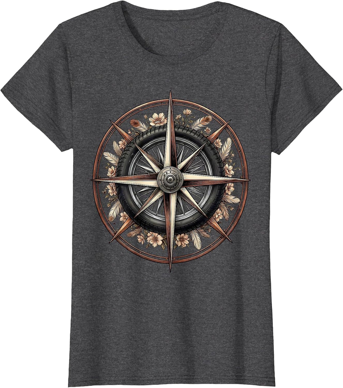 Women's Compass Rose Motorcycle Spoke Wheel Biker Design T-Shirt - Dark Heather Grey