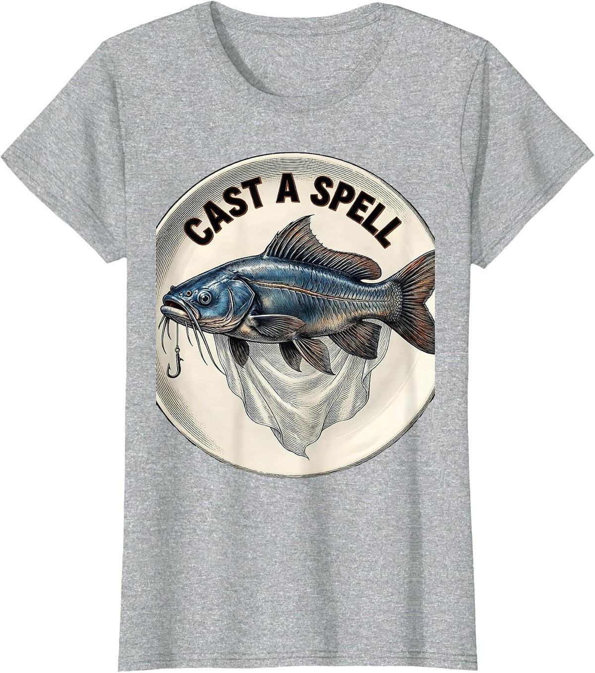 Cast A Spell Botanical Blue Catfish Ghostly Halloween T-Shirt - Heather Grey