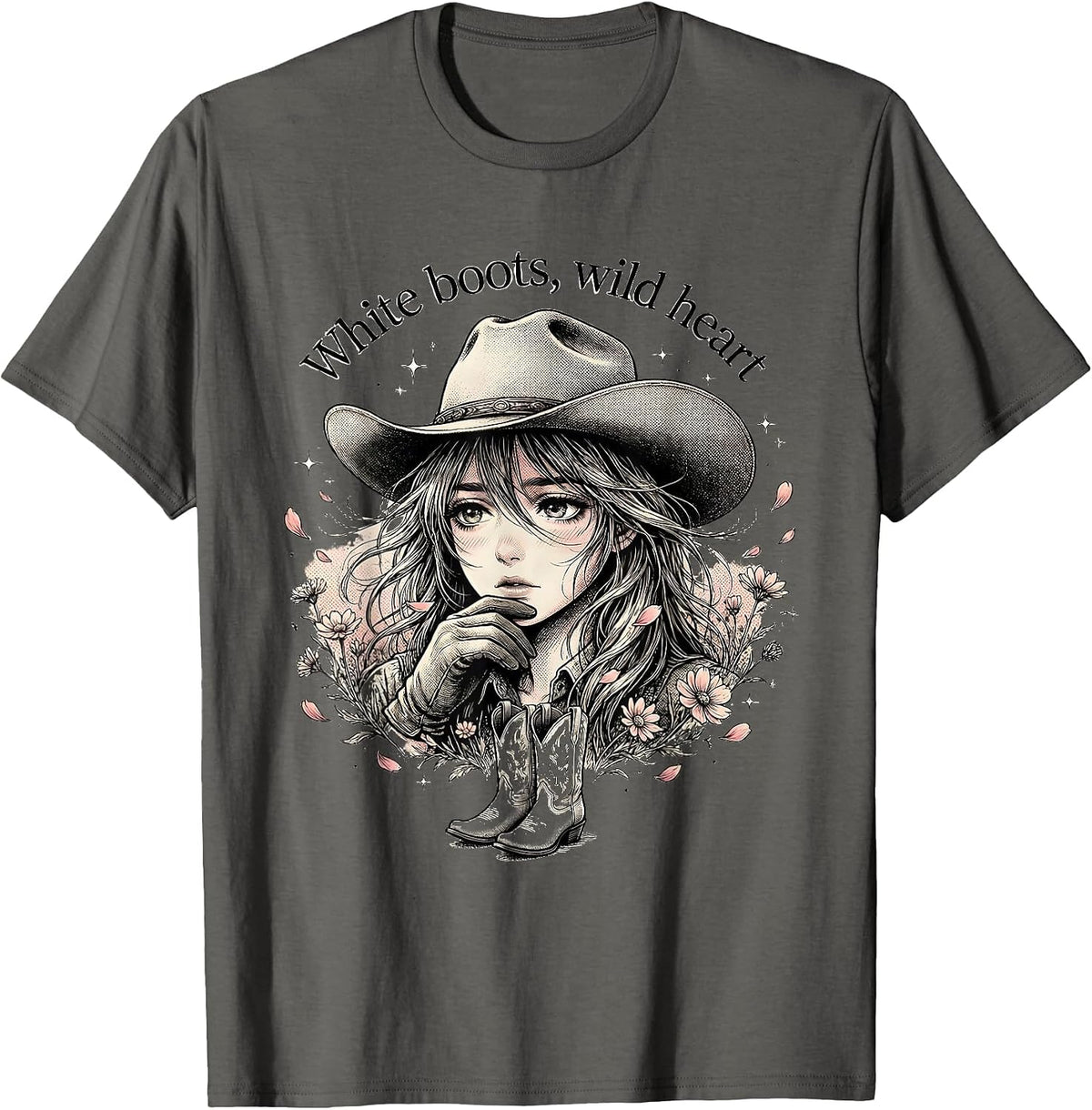 Men's White Boots Wild Heart Cowgirl Design T-Shirt - Asphalt Grey