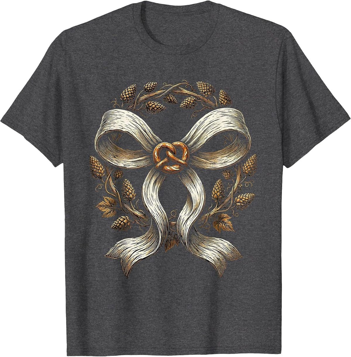 Men's Dirndl Apron Bow Pretzel and Hops Graphic T-Shirt - Dark Heather Grey