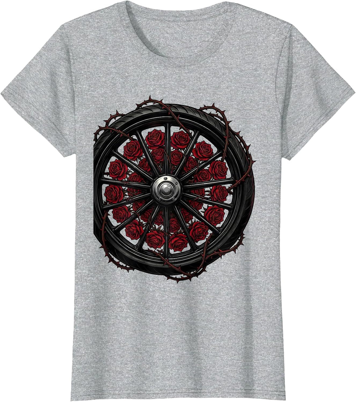 Motorcycle Wheel and Roses Graphic Design T-Shirt - Heather Grey