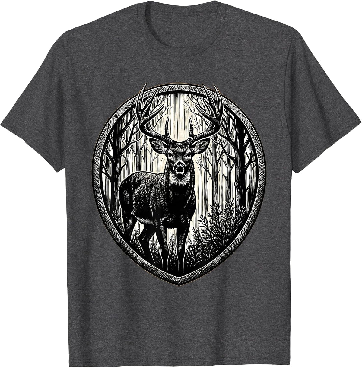 Whitetail Buck Autumn Tree Line Illustration T-Shirt - Dark Heather Grey