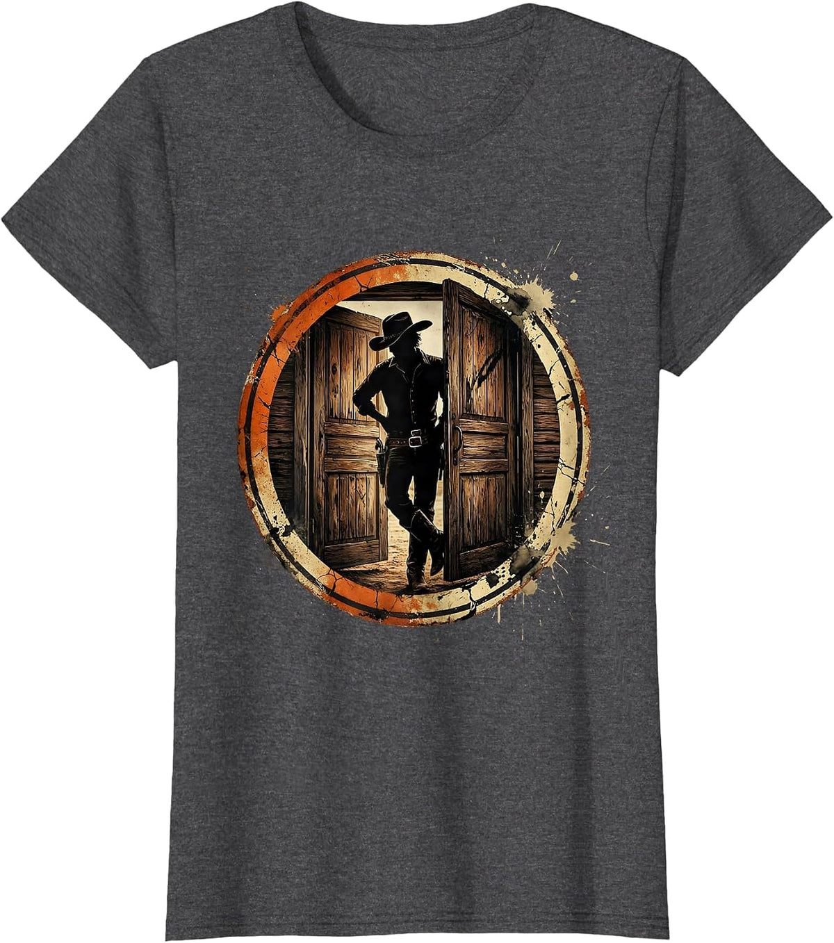 Women's Cowgirl Saloon Door Leaning Western Illustration T-Shirt - Dark Heather Grey