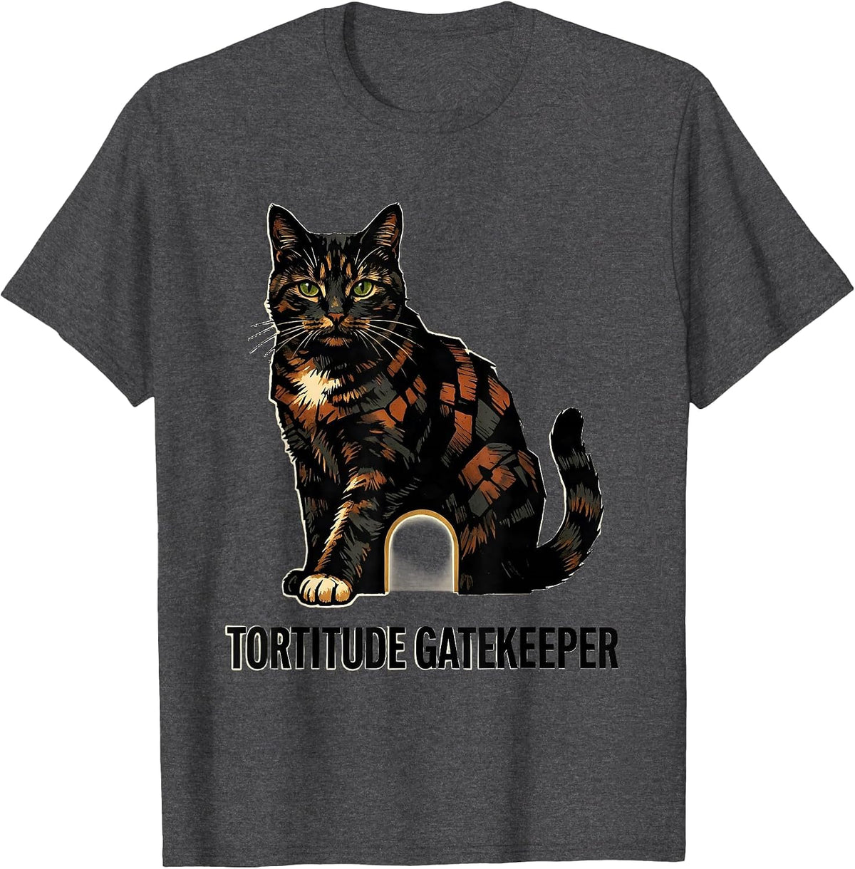 Tortitude Gatekeeper Linocut Tortoiseshell Cat Owner Humor T-Shirt - Dark Heather Grey