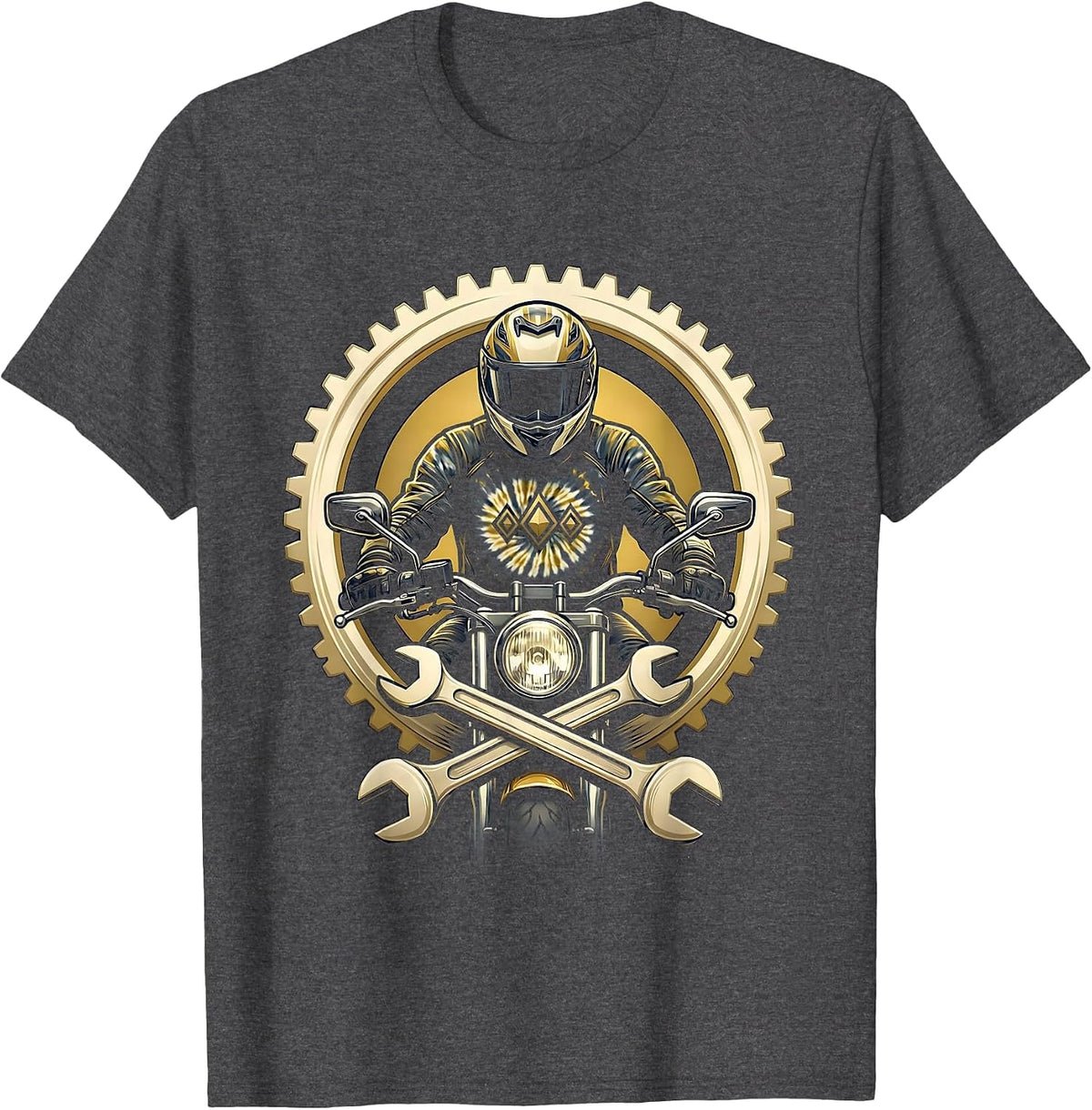 Men's Tie Dye Biker Rider Motorcycle Graphic Tee T-Shirt - Dark Heather Grey