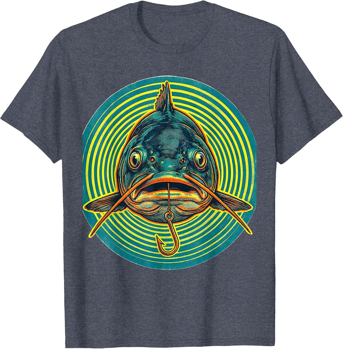 Catfish Hook Risograph Funny Fishing Humor Angler T-Shirt - Heather Blue