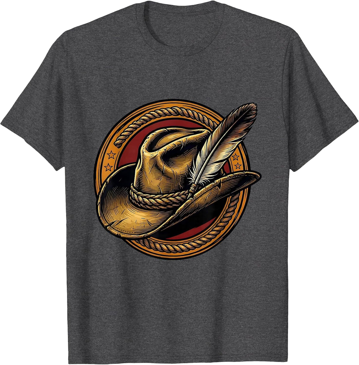 Weathered Cowboy Hat with Feather Illustration T-Shirt - Dark Heather Grey