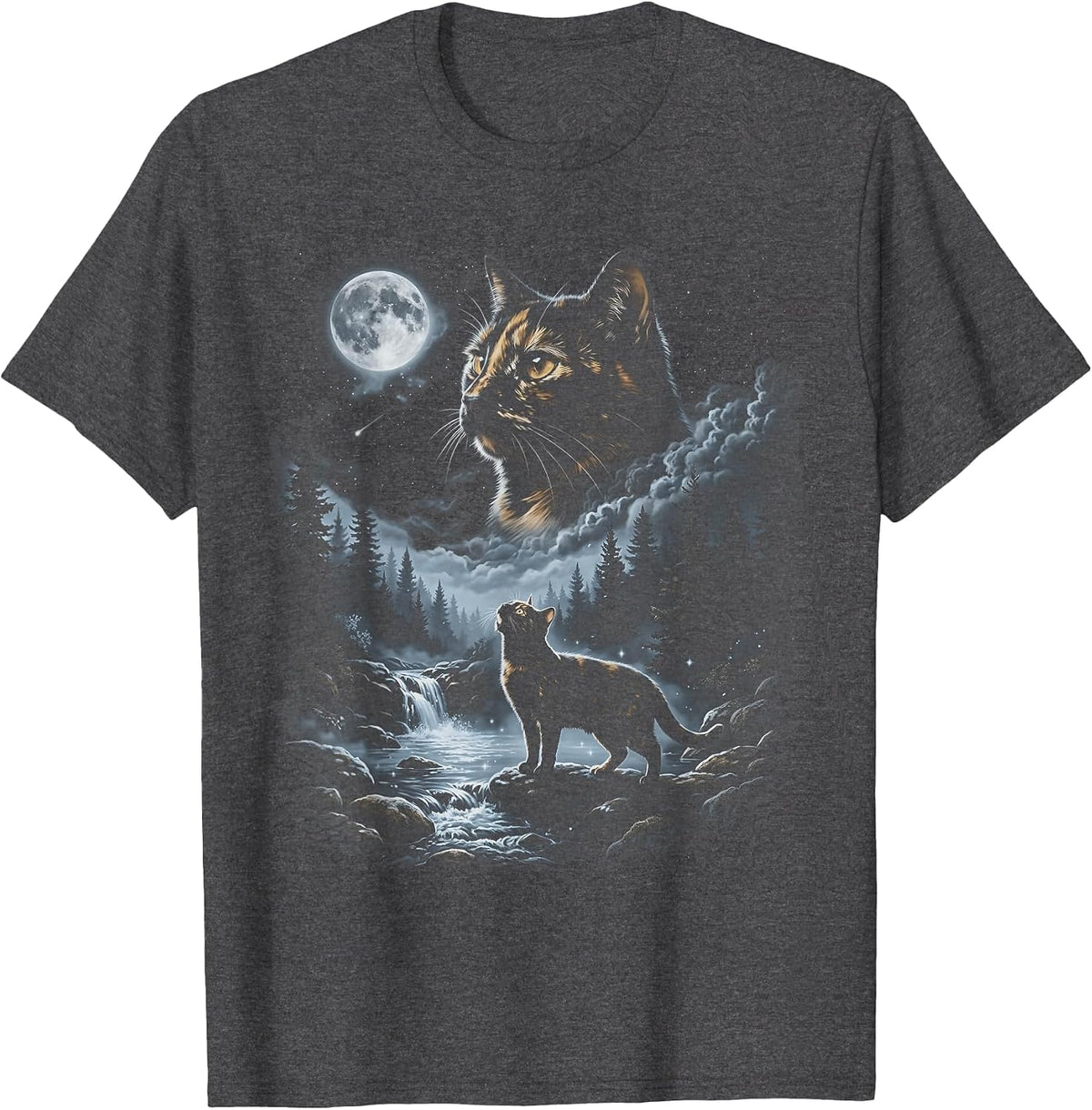Tortoiseshell Cat Howling to the Moon Vintage Retro T-Shirt - Dark Heather Grey