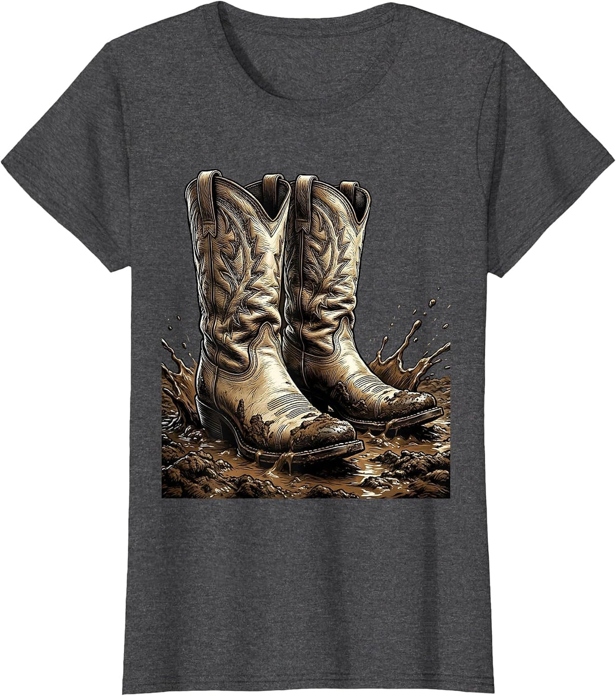 Women's Cowboy Boots in the Mud Western Graphic T-Shirt - Dark Heather Grey