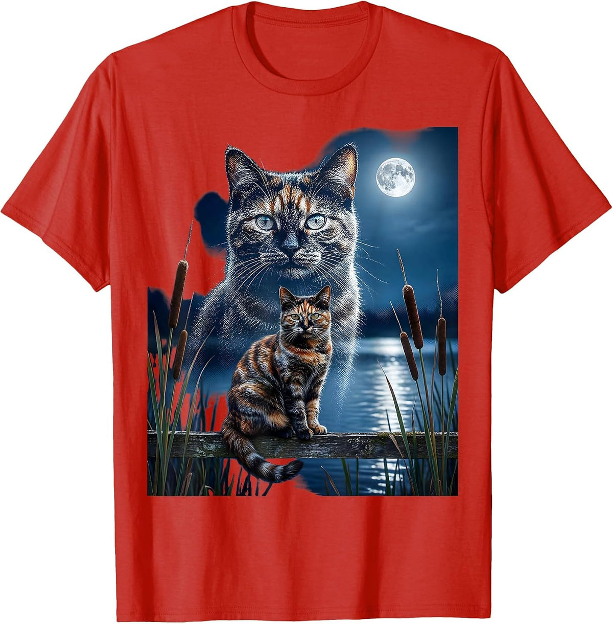 Men's Tortoiseshell Cat Moonlit 90s Retro Portrait T-Shirt - Red