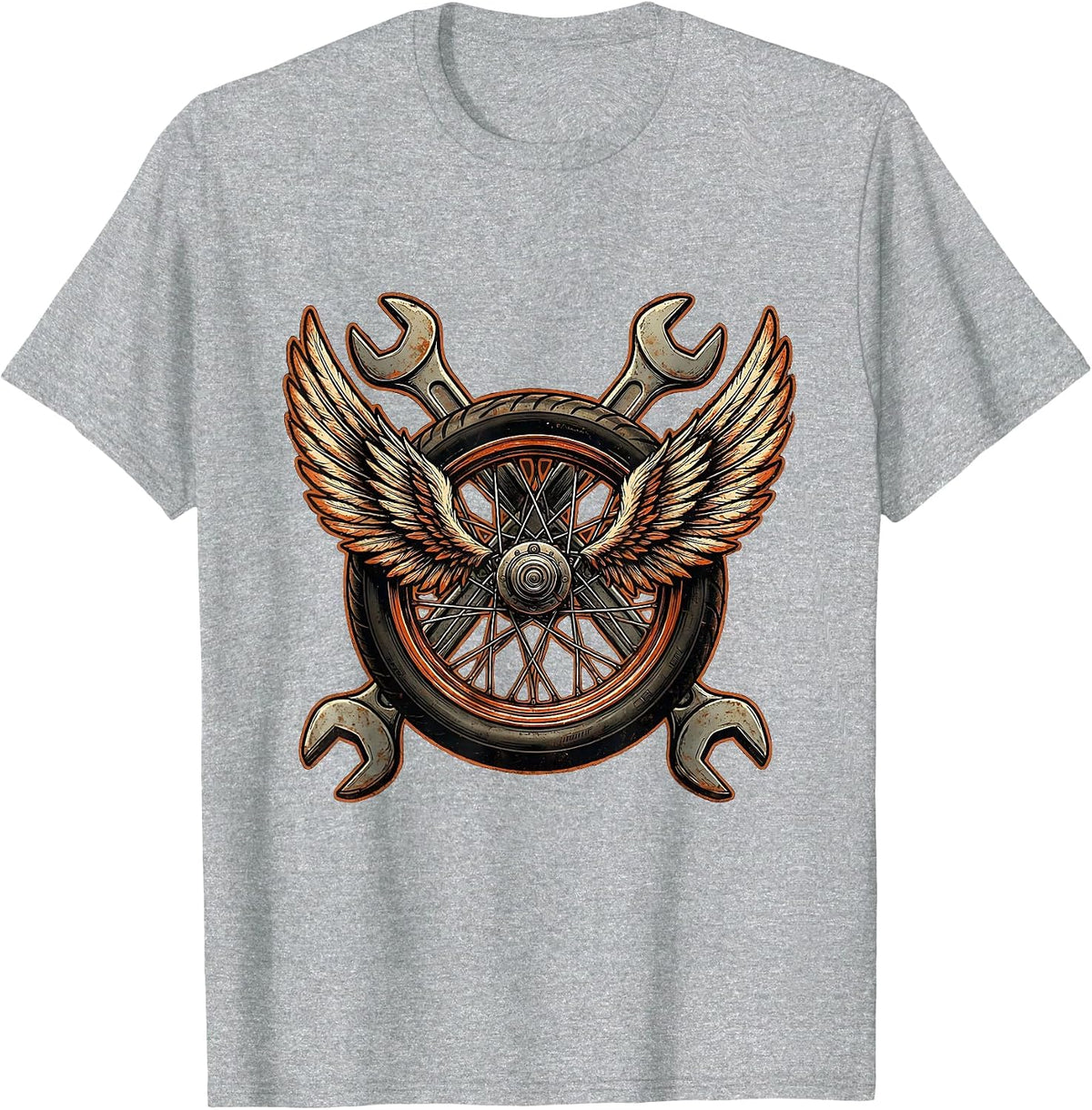 Men's Winged Motorcycle Wheel Crossed Wrenches Biker T-Shirt - Heather Grey