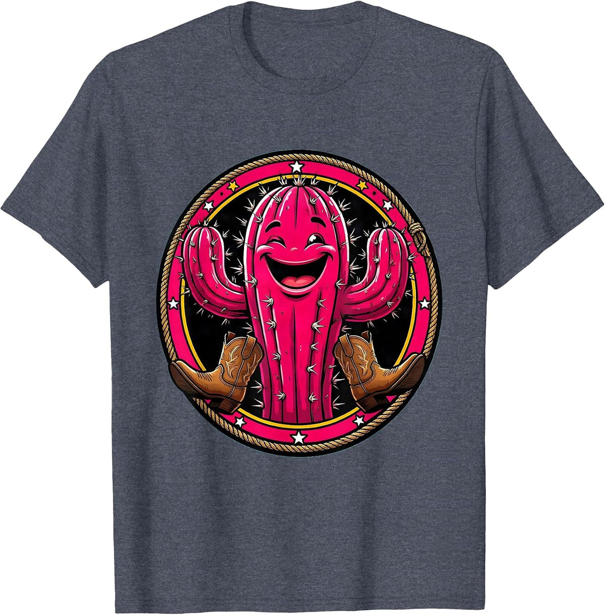 Pink Cactus Cowgirl Boots Western Desert Graphic T-Shirt - Heather Blue