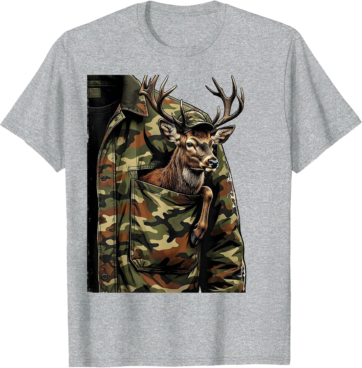 Men's Reclining Buck Distressed Camo Deer Hunting Gift T-Shirt - Heather Grey