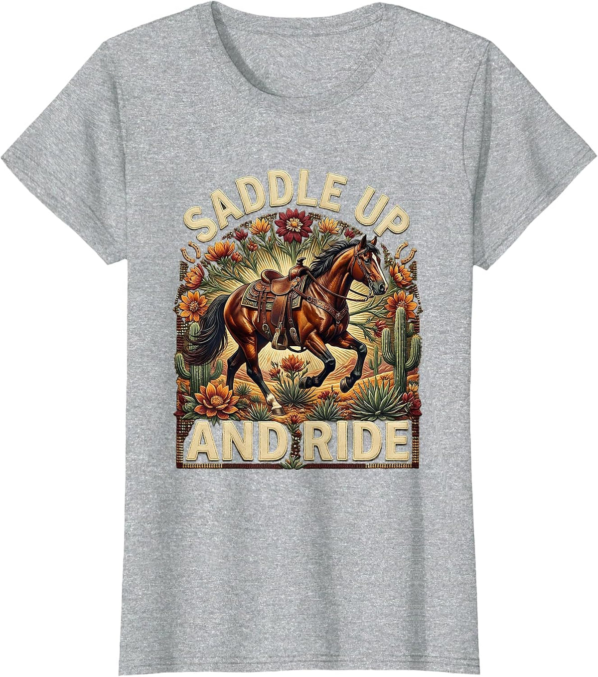 Women's Saddle Up and Ride Western Cowboy Design T-Shirt - Heather Grey