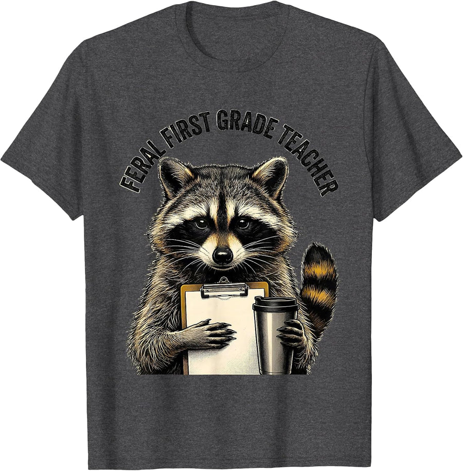 Men's Feral First Grade Teacher Funny Raccoon Back to School T-Shirt - Dark Heather Grey