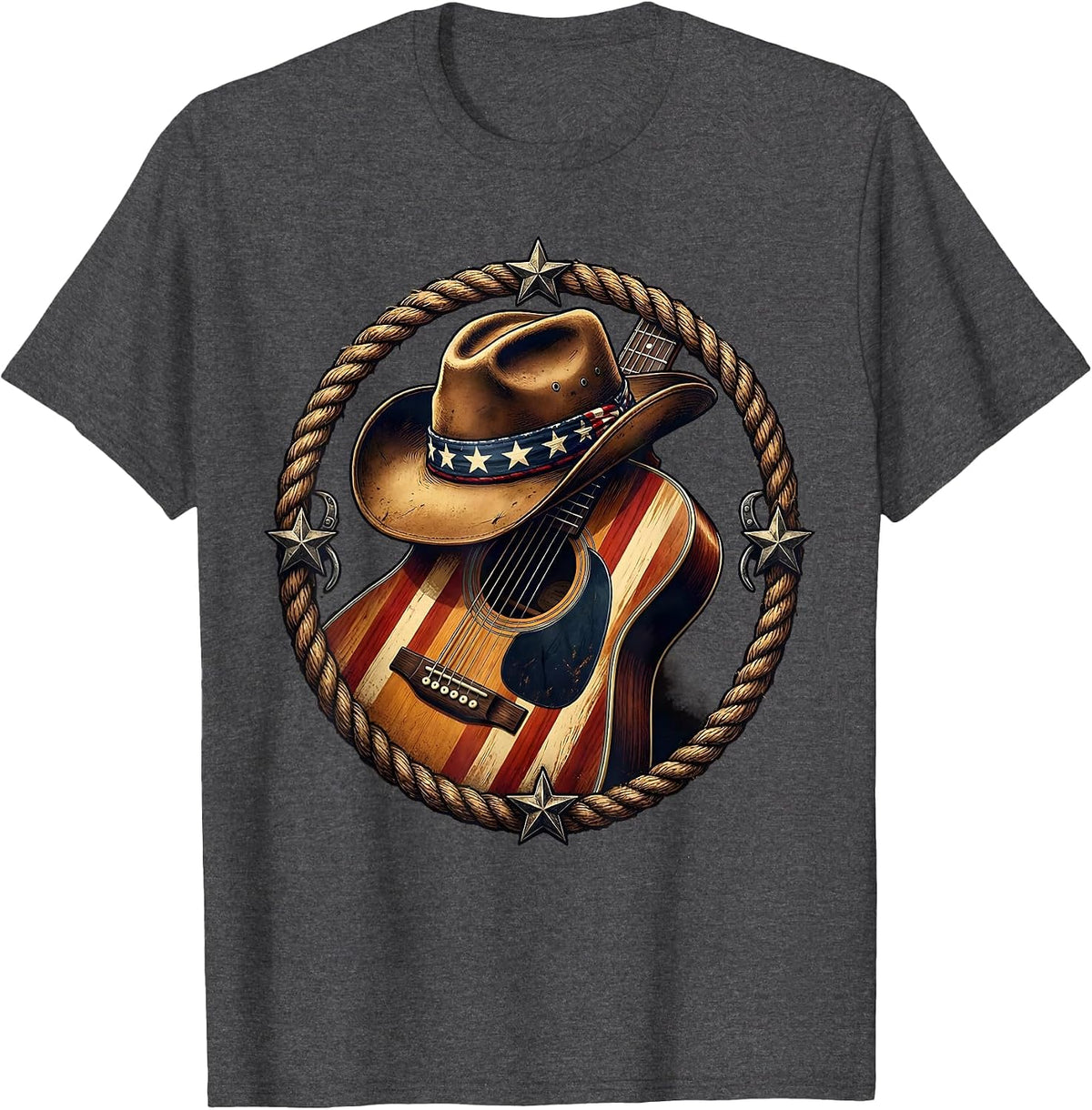 Men's Cowgirl Hat and Guitar Graphic Design T-Shirt - Dark Heather Grey