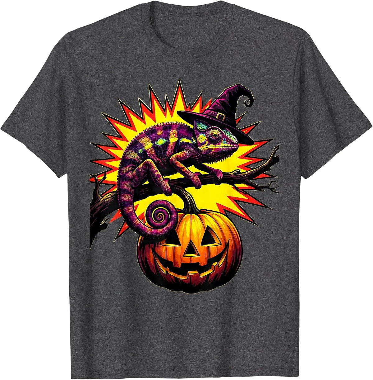 Cheerful Chameleon Halloween Witch Hat Pumpkin Pop Art T-Shirt - Dark Heather Grey