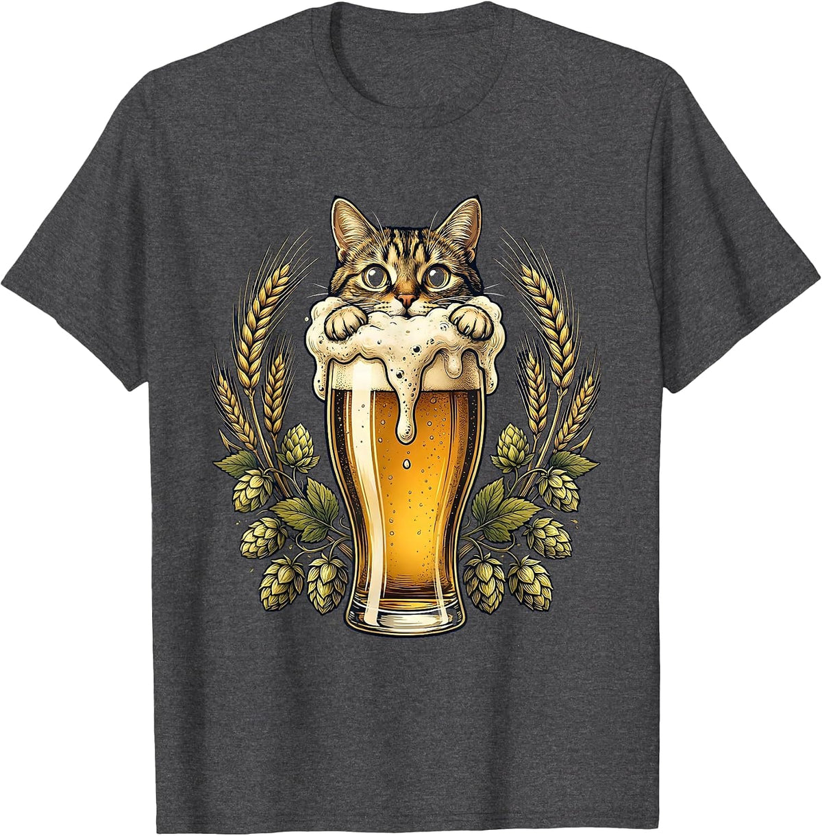 Curious Cat Peeking Over Beer Glass Illustration T-Shirt - Dark Heather Grey