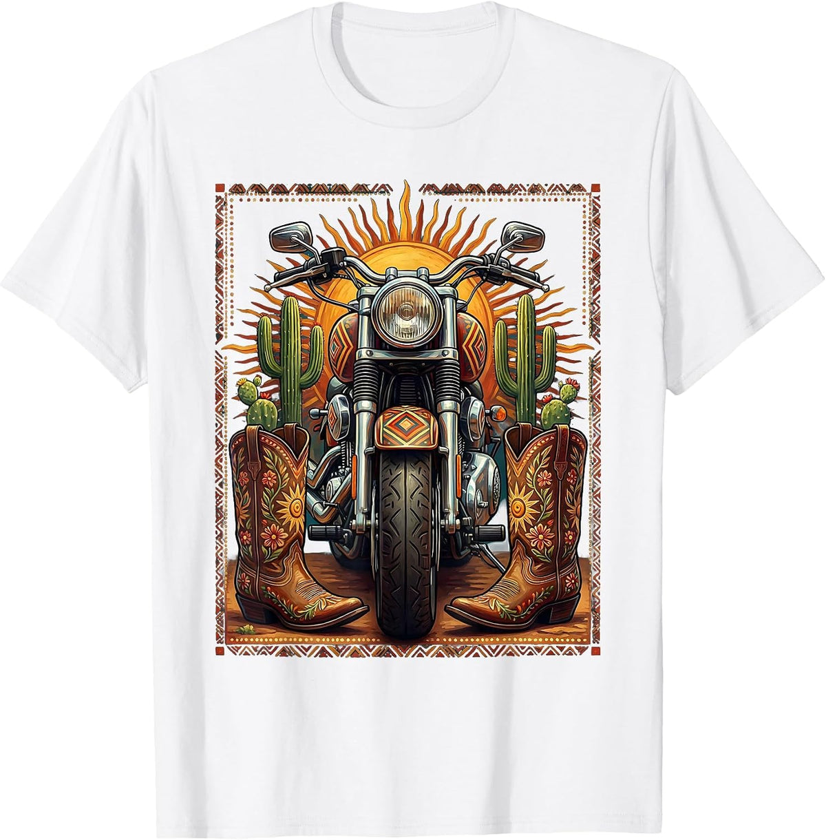 Men's Route 66 Cowboy Boots and Motorcycle Graphic T-Shirt - White