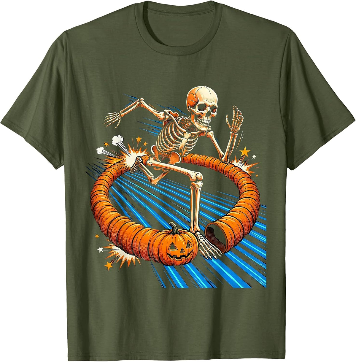 Men's Skeleton Runner Halloween Pop Art Funny 5K Race T-Shirt - Olive Green