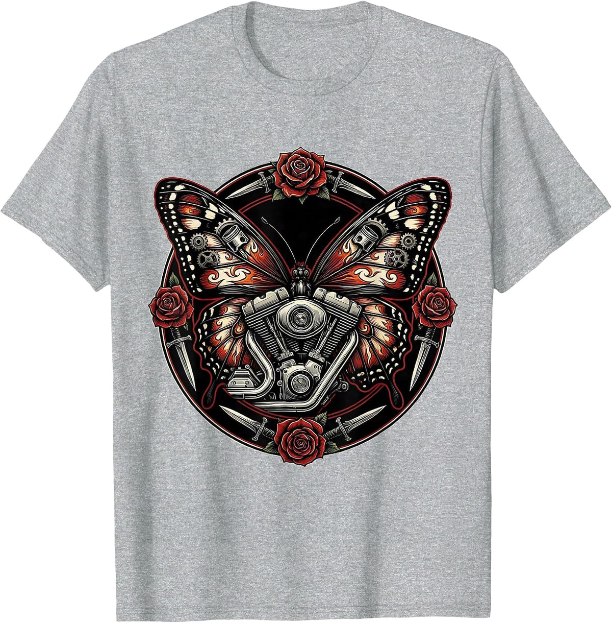 Men's Butterfly Wings Motorcycle Engine Graphic Tee T-Shirt - Heather Grey