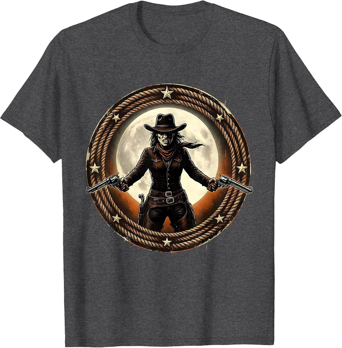 Men's Fierce Cowgirl Drawing Pistols Under Full Moon T-Shirt - Dark Heather Grey