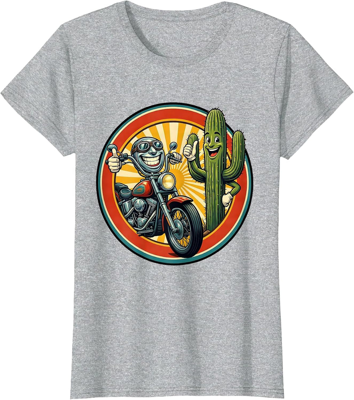 Women's Route 66 Retro Motorcycle Saguaro Cactus Design T-Shirt - Heather Grey