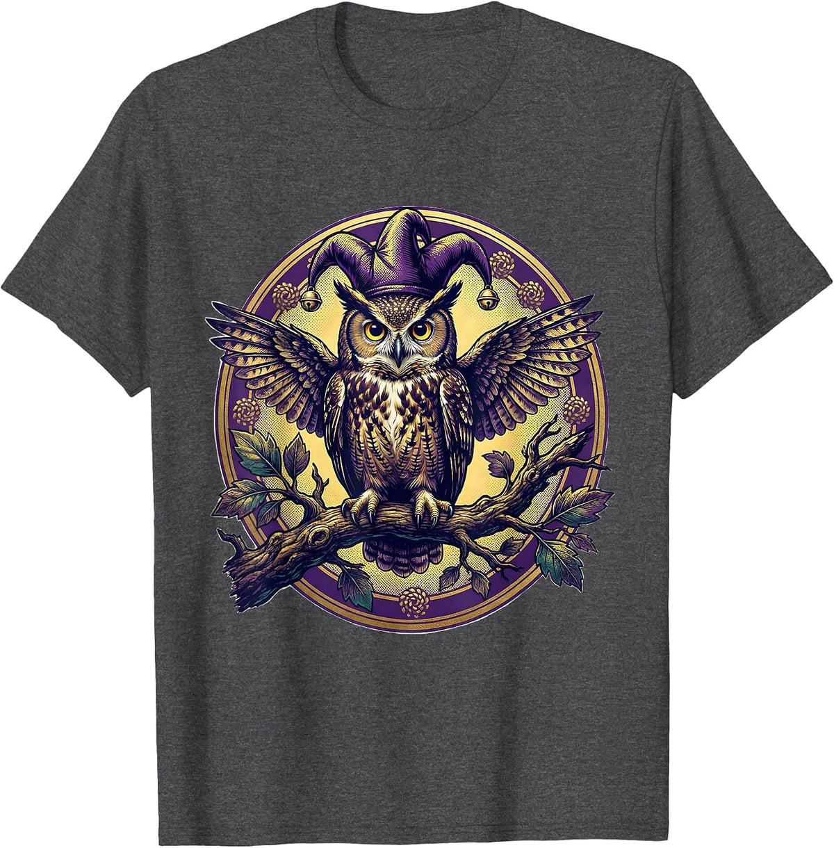 Men's Mardi Gras Owl Jester Hat Oak Branch Design T-Shirt - Dark Heather Grey
