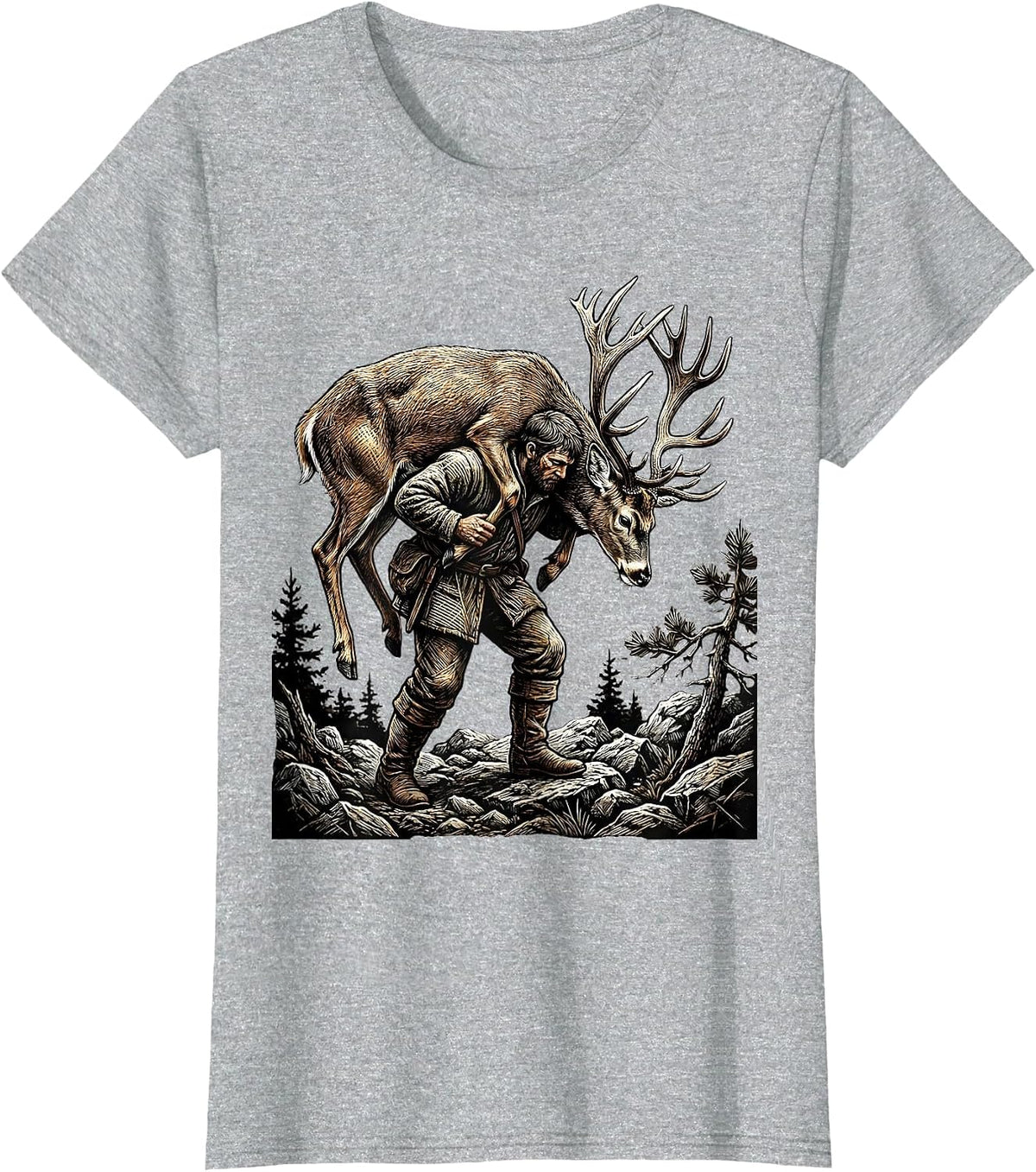 Women's Deer Carrier Rugged Terrain Hunting Illustration T-Shirt - Heather Grey