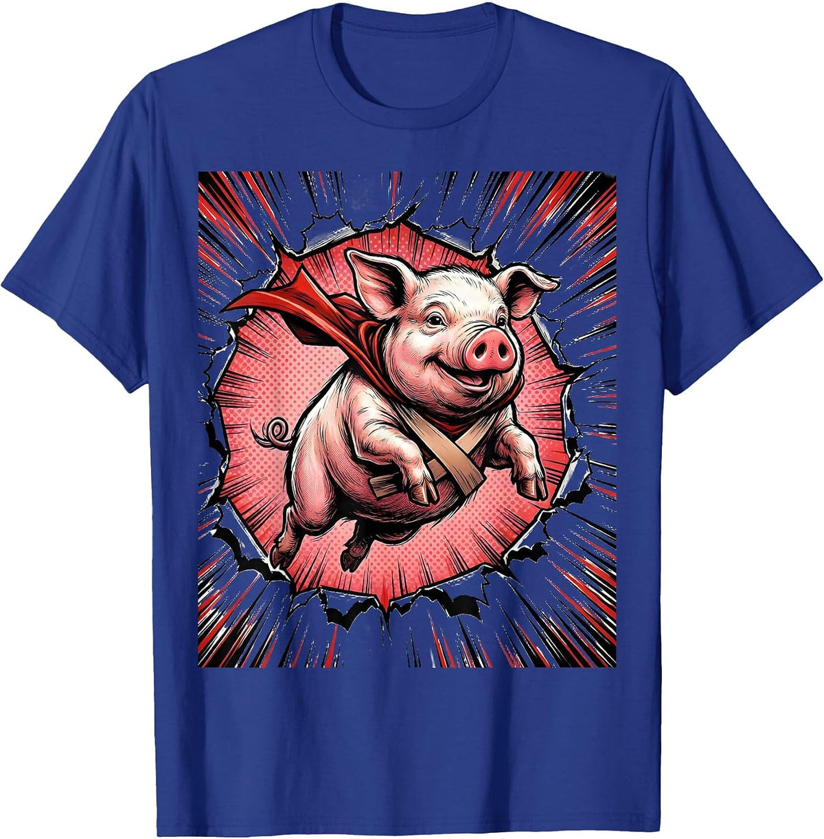 Men's Cheerful Pig Comic Book Animal Lover Novelty Humor T-Shirt - Royal Blue