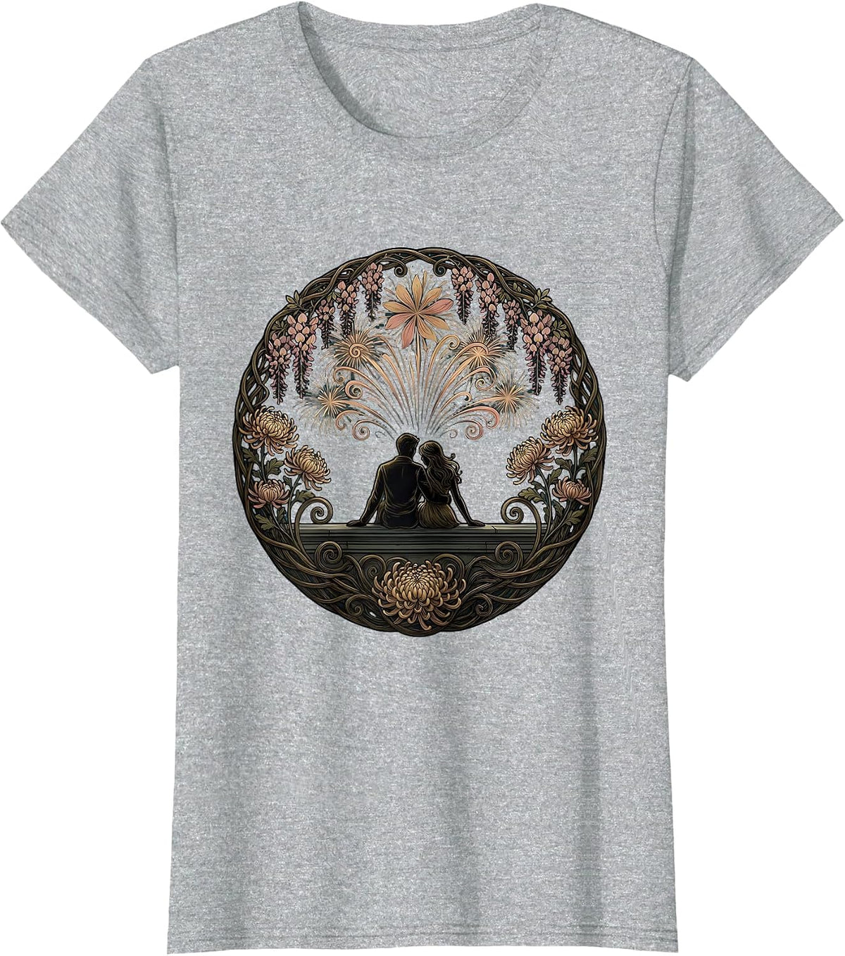 Couple Watching Fireworks From a Rooftop T-Shirt - Heather Grey