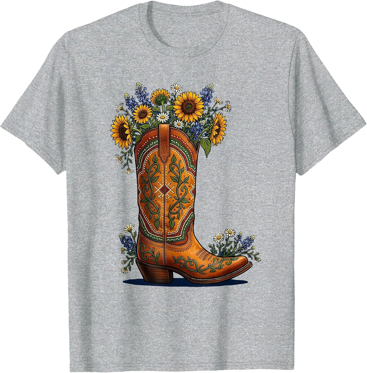 Men's Wildflower Cowboy Boot Western Illustration T-Shirt - Heather Grey