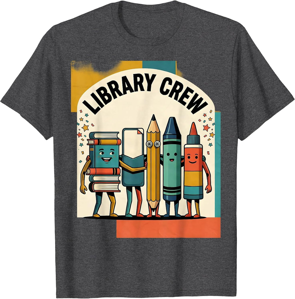 Library Crew Midcentury Modern Book Stack Teacher Student T-Shirt - Dark Heather Grey