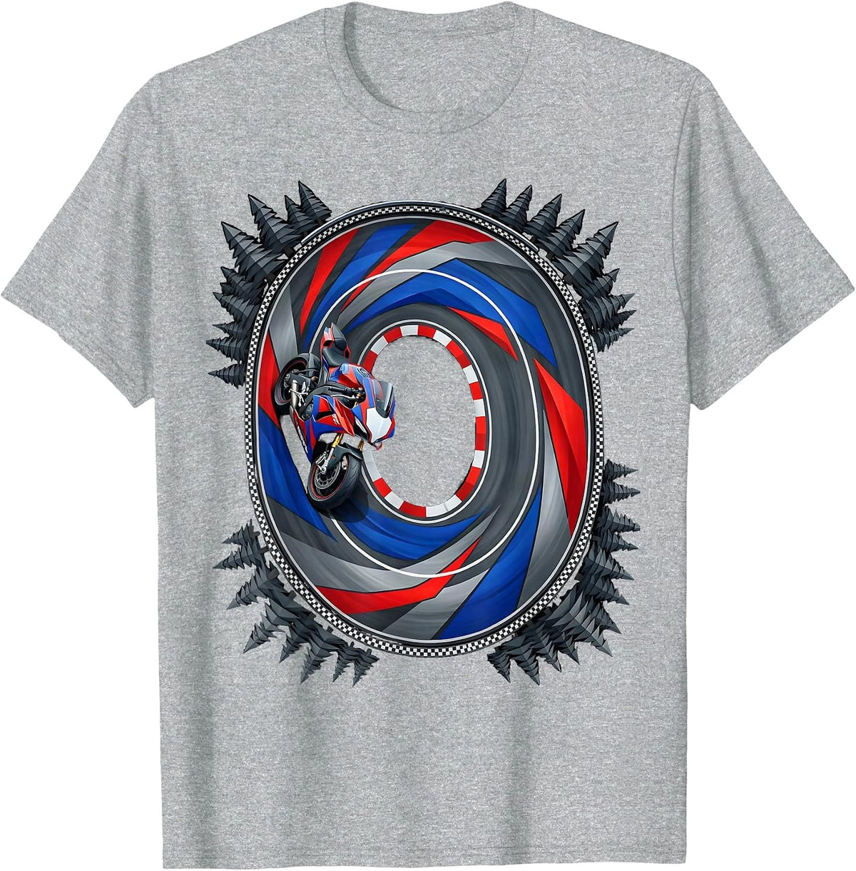 Men's Mountain Road Pine Forest Aerial Motorcycle Design T-Shirt - Heather Grey