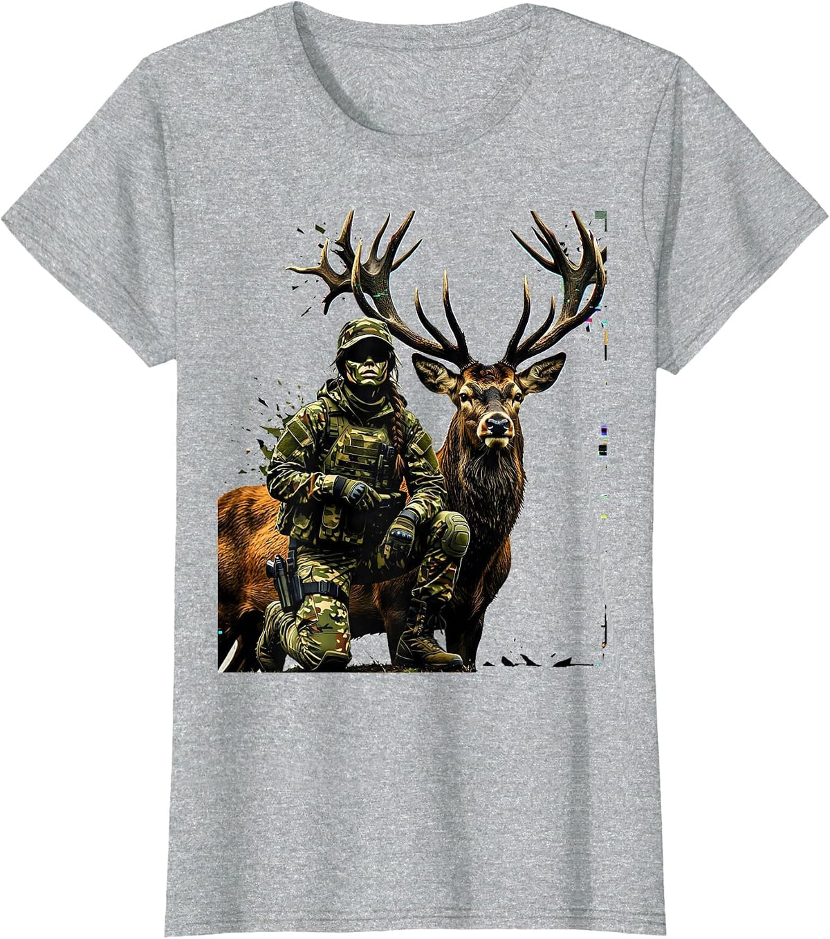Camo Girl Hunter Kneeling With Trophy Buck T-Shirt - Heather Grey