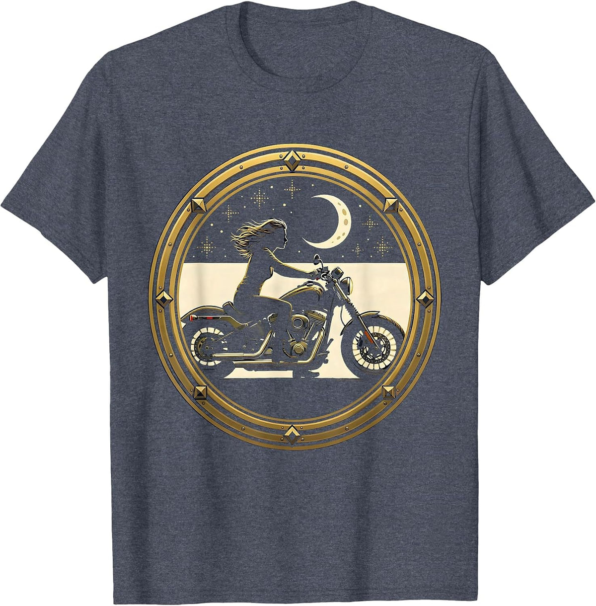 Biker Under the Stars Motorcycle Night Ride T-Shirt - Heather Blue