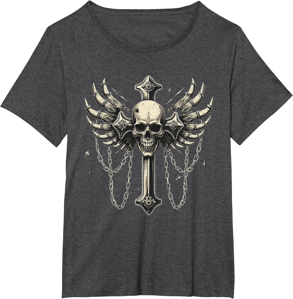 Skull with Silver Cross | Chains | Goth | Emo | y2k | Grunge T-Shirt - Dark Heather Grey