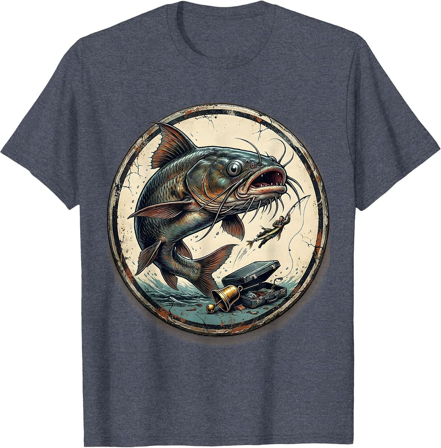 Distressed Hooked Catfish Funny Fishing Dad Humor T-Shirt - Heather Blue