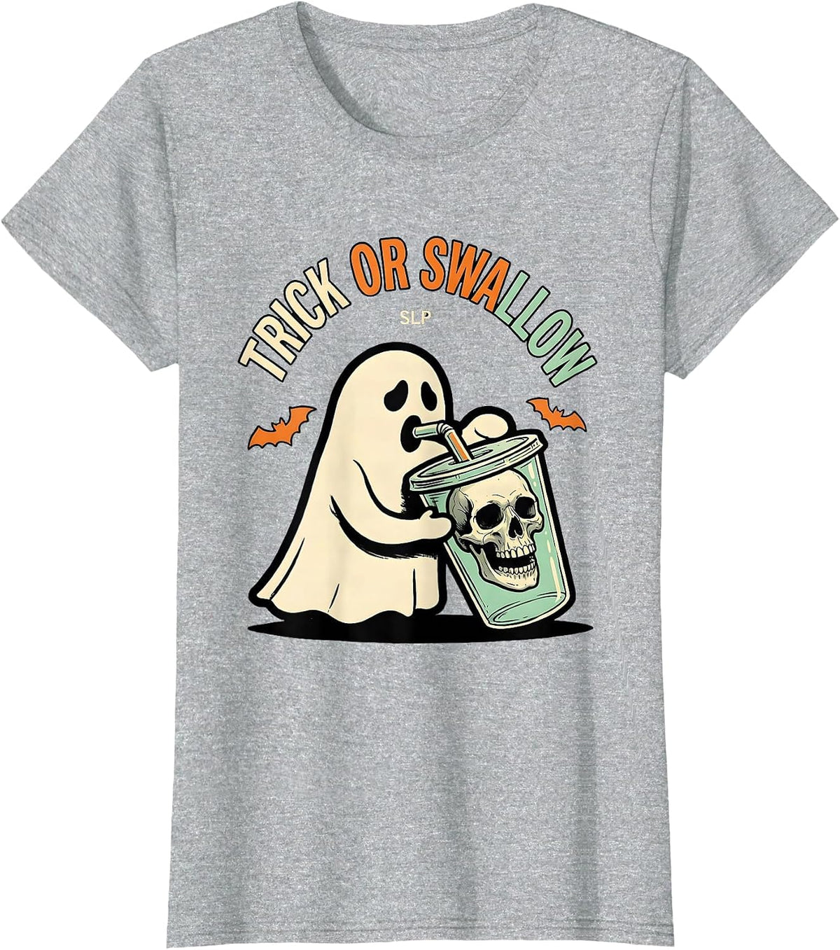 Trick Or Swallow SLP Funny Physical Therapy Halloween Ghost T-Shirt - Heather Grey