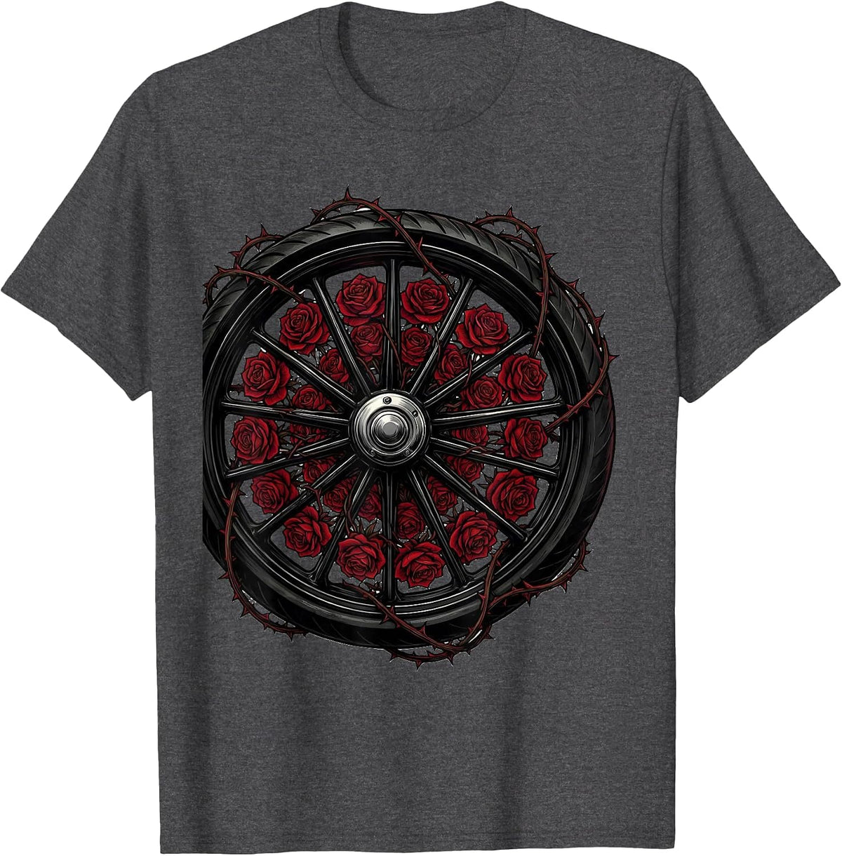 Motorcycle Wheel and Roses Graphic Design T-Shirt - Dark Heather Grey