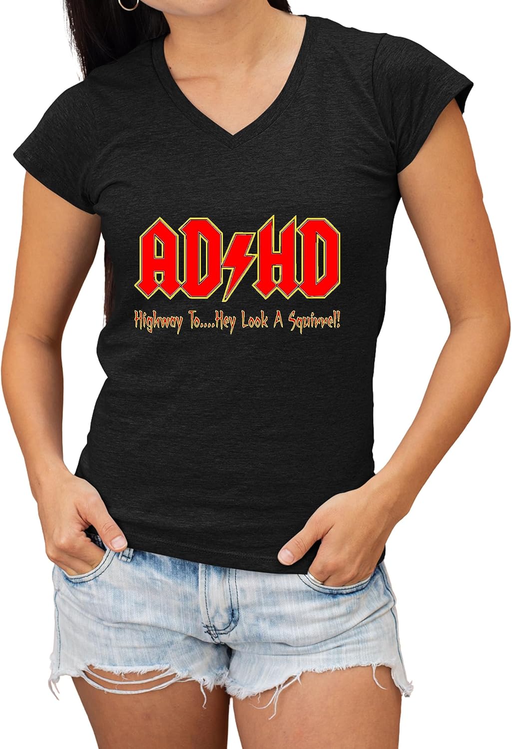 Go All Out ADHD Highway to Hey Look A Squirrel Funny Music Women V Neck T-Shirt - Black