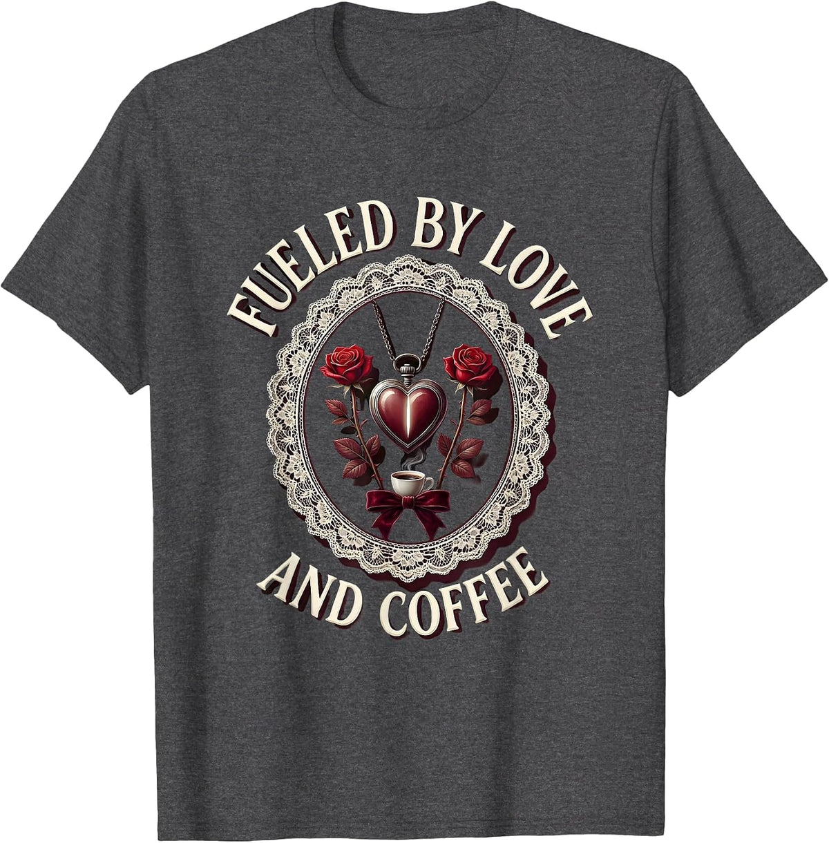 Men's Fueled by Love and Coffee Mimi Design T-Shirt - Dark Heather Grey