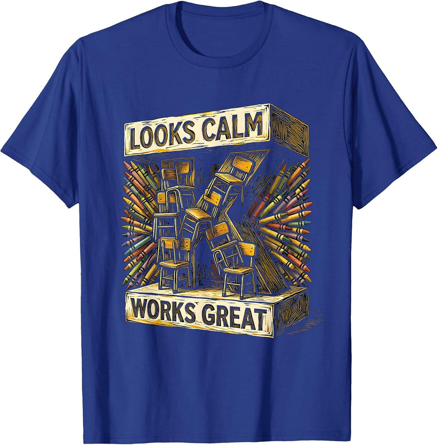 Looks Calm Works Great Groovy Teacher Humor Back To School T-Shirt - Royal Blue