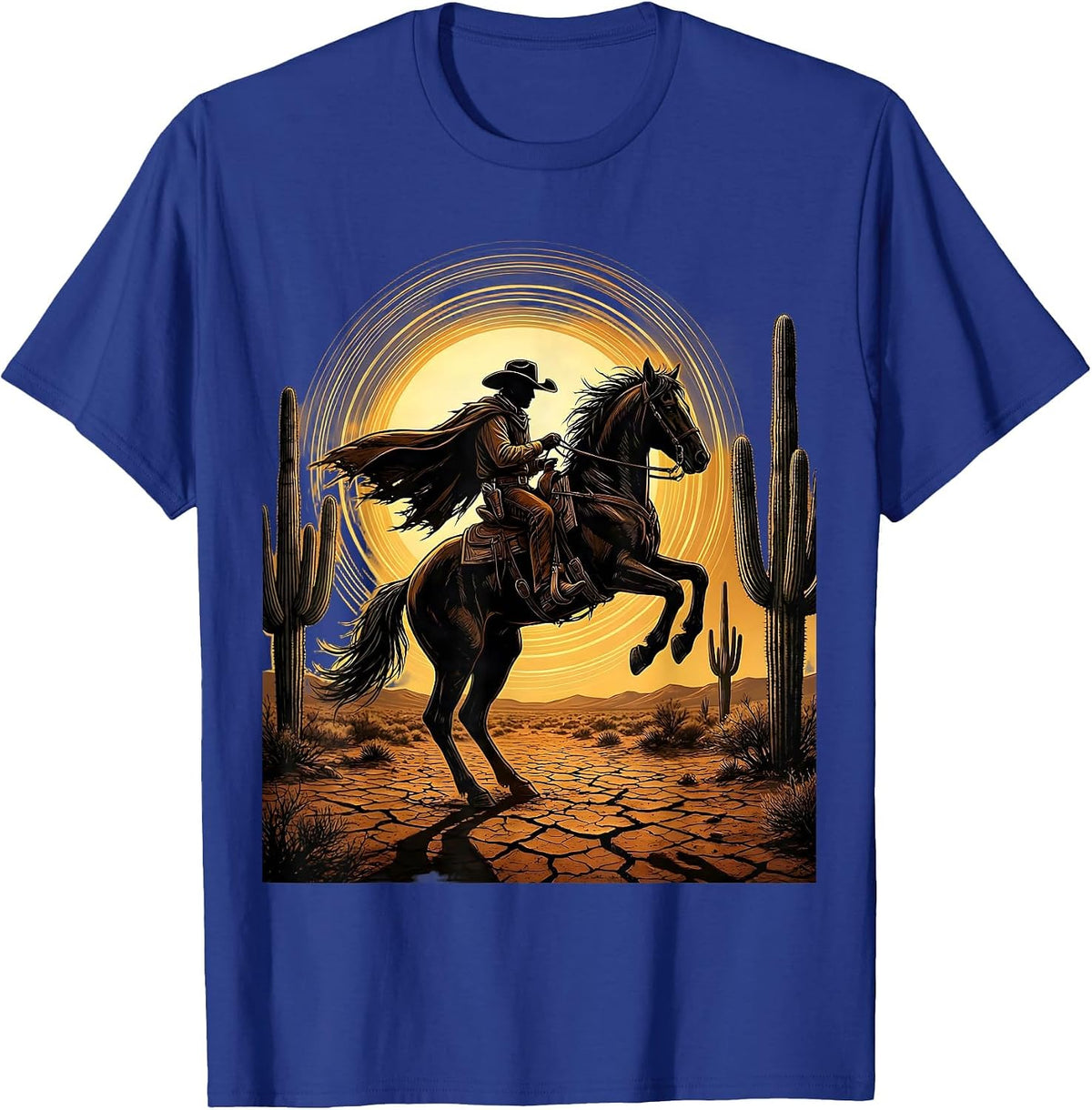 Cowboy Silhouette Desert Sun Western Graphic T-Shirt - Royal Blue