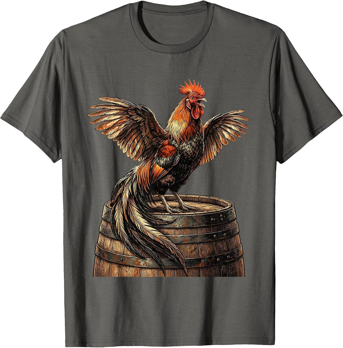 Men's Rooster Crowing on Wooden Keg Graphic T-Shirt - Asphalt Grey