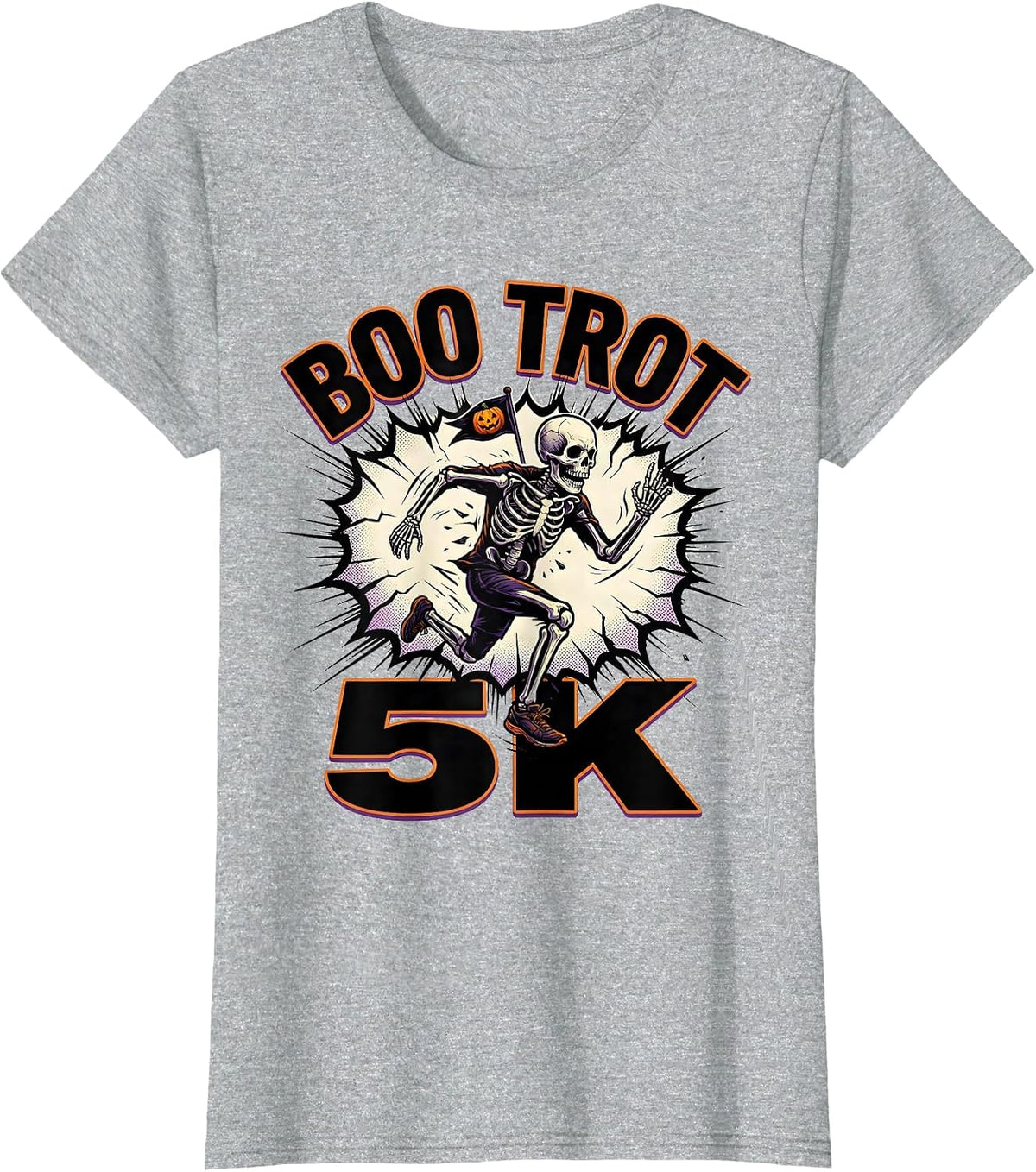 Women's Boo Trot 5K Comic Book Skeleton Runner Halloween Fun Run T-Shirt - Heather Grey