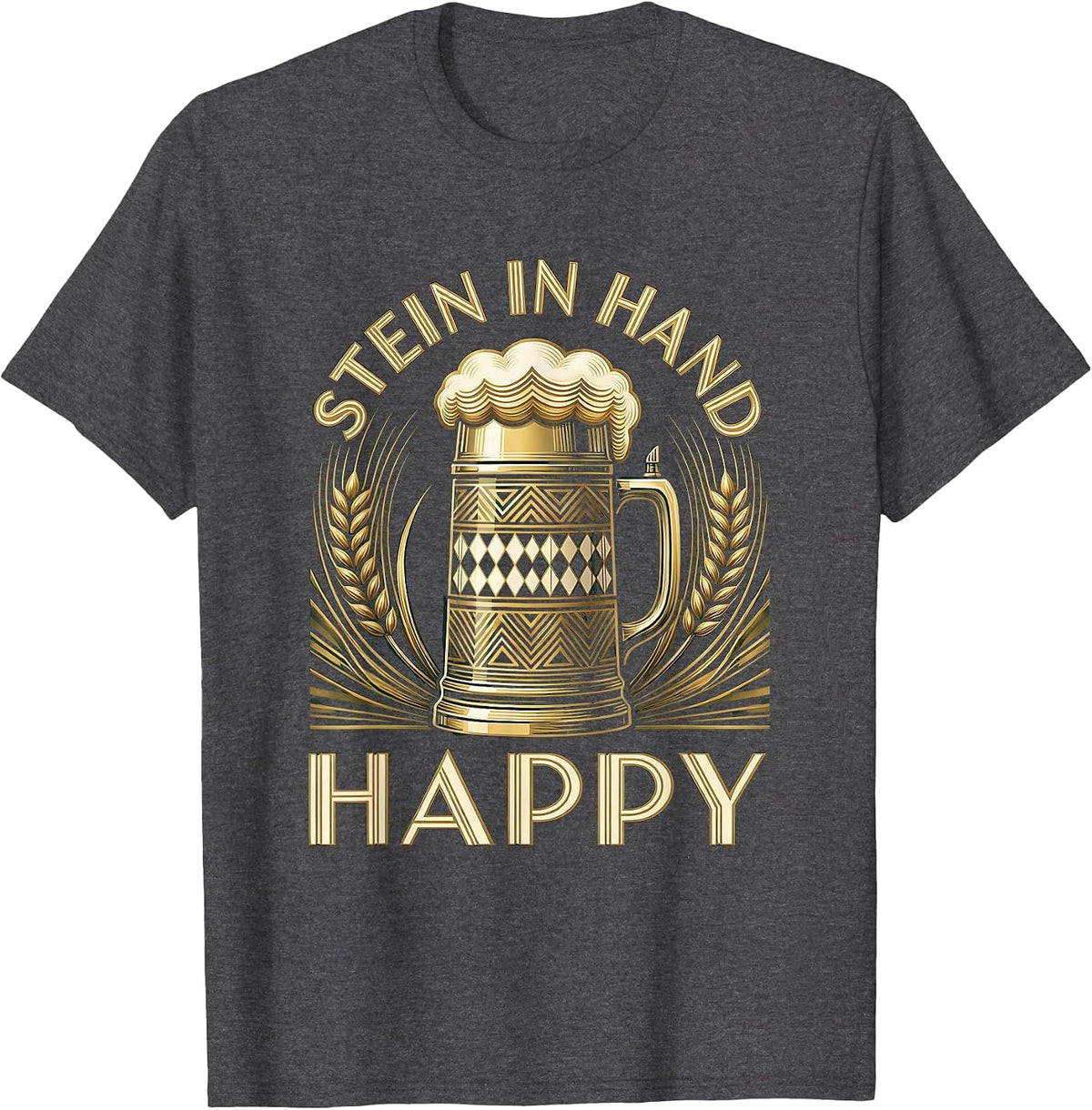 Men's Stein In Hand Happy Oktoberfest Design T-Shirt - Dark Heather Grey