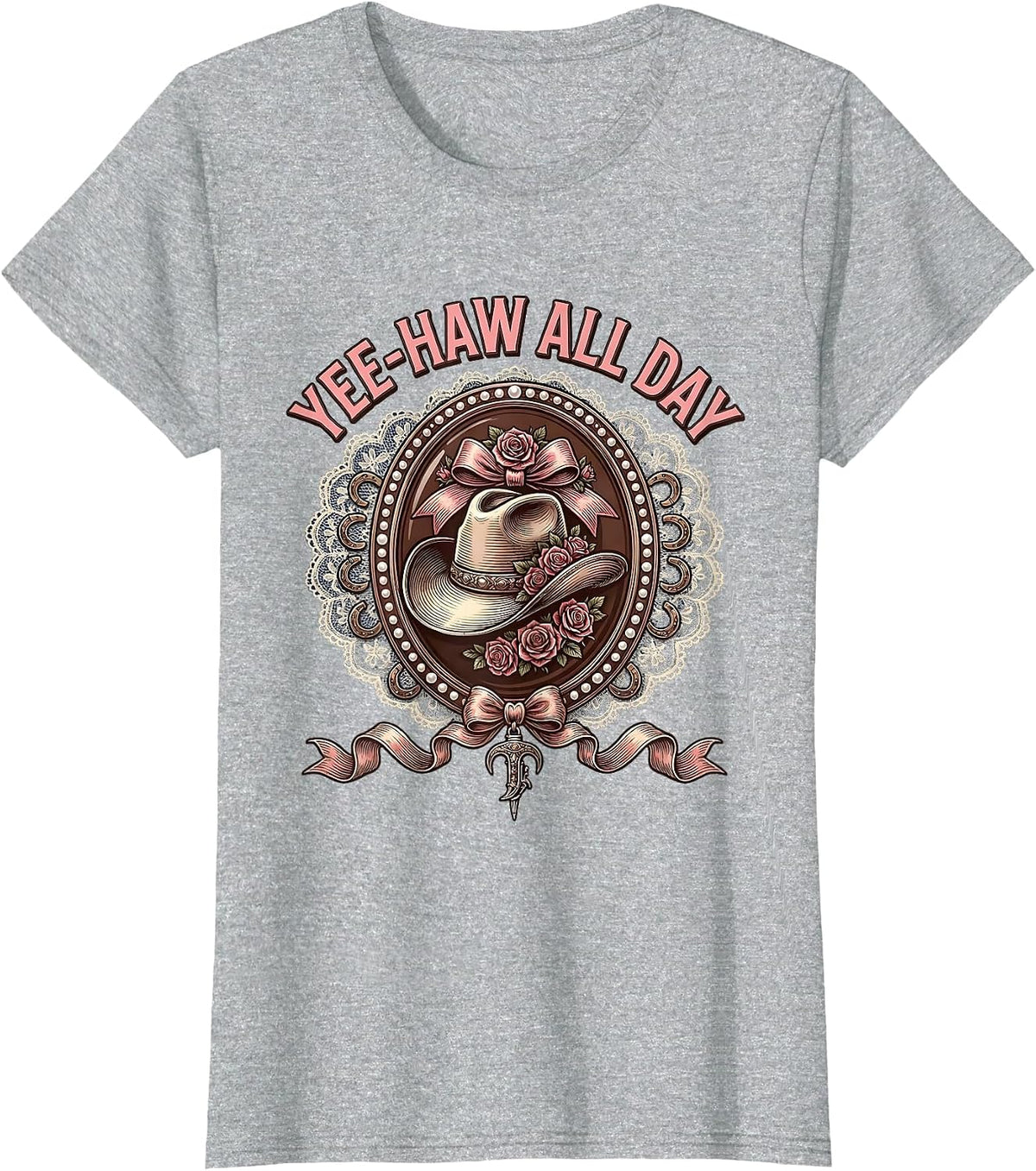 Yee-Haw All Day Western Cowboy Design T-Shirt - Heather Grey