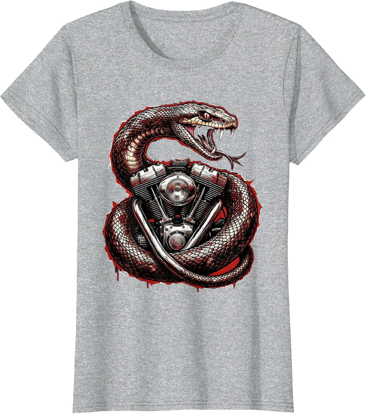 Women's Snake Coiled Vintage Motorcycle Engine Biker Art T-Shirt - Heather Grey
