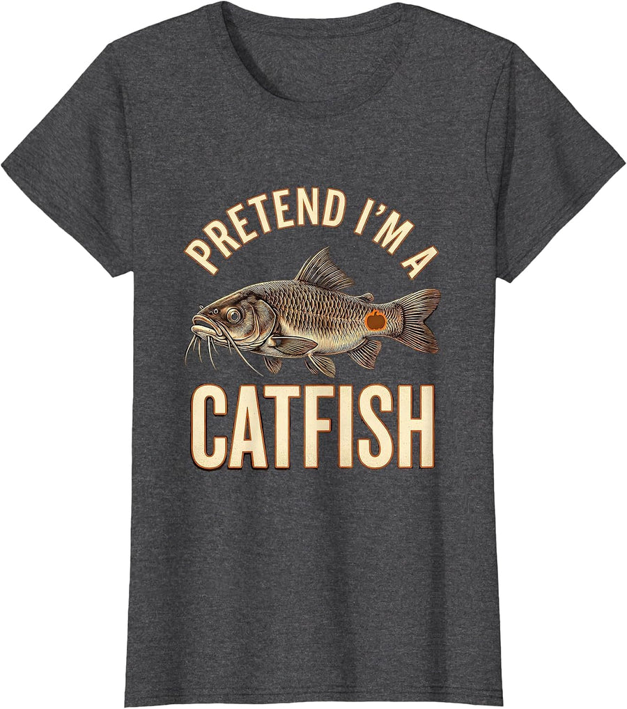 Women's Pretend I'm A Catfish Funny Fish Halloween Costume T-Shirt - Dark Heather Grey